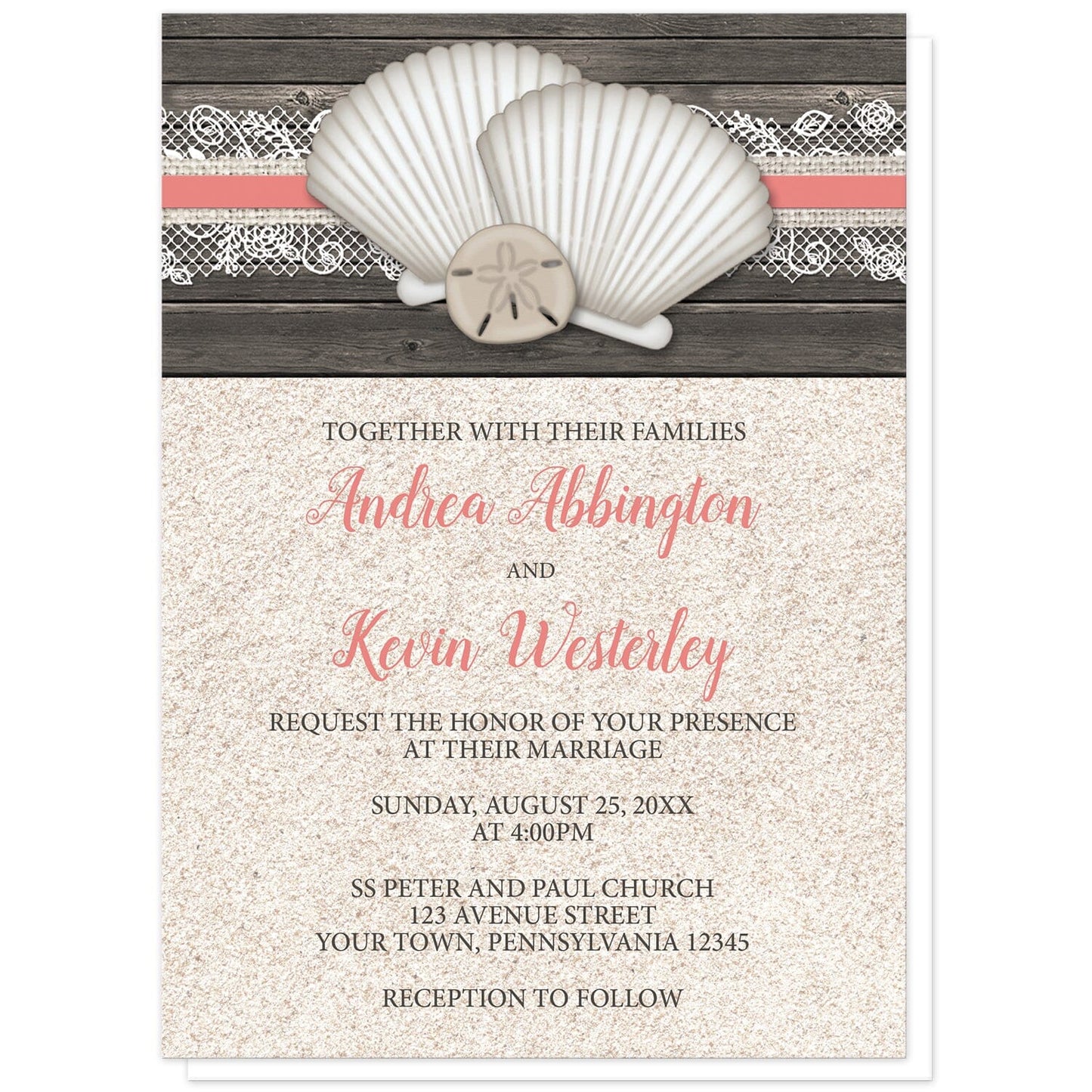 Seashell Lace Wood and Sand Coral Beach Wedding Invitations at Artistically Invited. Rustic seashell lace wood and sand coral beach wedding invitations with two seashells and a sand dollar on a coral, burlap and lace ribbon over a dark brown wood pattern along the top. Your personalized marriage celebration details are arranged in dark brown and coral over a beige sand background design below the seashells.