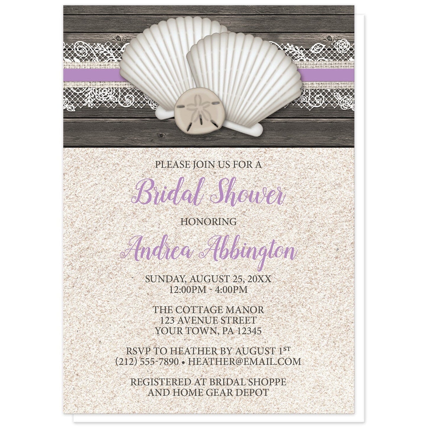 Seashell Lace Wood and Sand Purple Beach Bridal Shower Invitations at Artistically Invited. Rustic seashell lace wood and sand purple beach bridal shower invitations with two seashells and a sand dollar on a purple, burlap and lace ribbon over a dark brown wood pattern along the top. Your personalized bridal shower celebration details are arranged in dark brown and purple over a beige sand background design below the seashells.