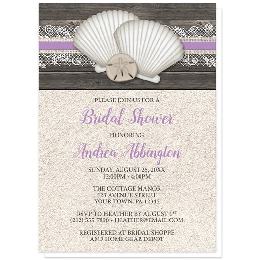 Seashell Lace Wood and Sand Purple Beach Bridal Shower Invitations at Artistically Invited. Rustic seashell lace wood and sand purple beach bridal shower invitations with two seashells and a sand dollar on a purple, burlap and lace ribbon over a dark brown wood pattern along the top. Your personalized bridal shower celebration details are arranged in dark brown and purple over a beige sand background design below the seashells.