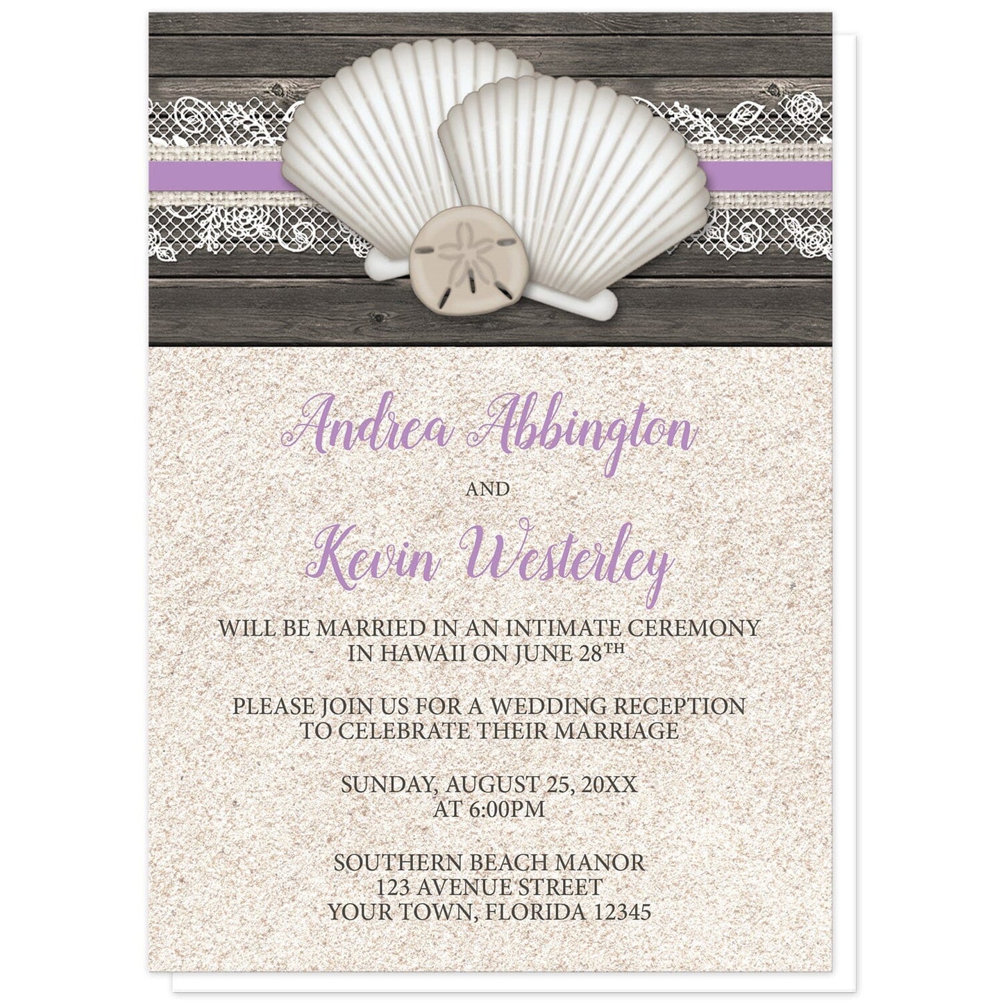 Seashell Lace Wood and Sand Purple Beach Reception Only Invitations at Artistically Invited. Rustic seashell lace wood and sand purple beach reception only invitations with two seashells and a sand dollar on a purple, burlap and lace ribbon over a dark brown wood pattern along the top. Your personalized post-wedding reception details are arranged in dark brown and purple over a beige sand background design below the seashells.