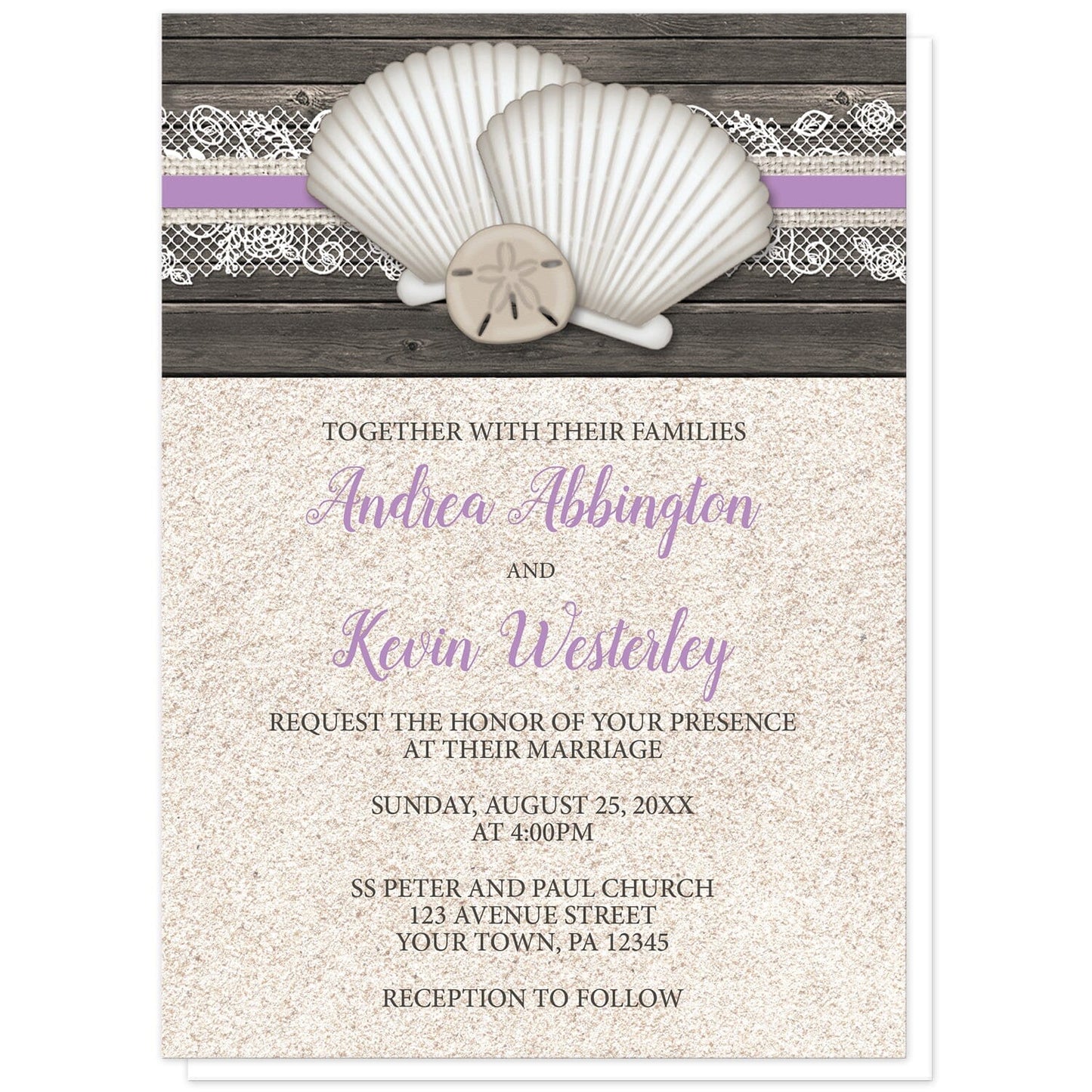 Seashell Lace Wood and Sand Purple Beach Wedding Invitations at Artistically Invited. Rustic seashell lace wood and sand purple beach wedding invitations with two seashells and a sand dollar on a purple, burlap and lace ribbon over a dark brown wood pattern along the top. Your personalized marriage celebration details are arranged in dark brown and purple over a beige sand background design below the seashells.