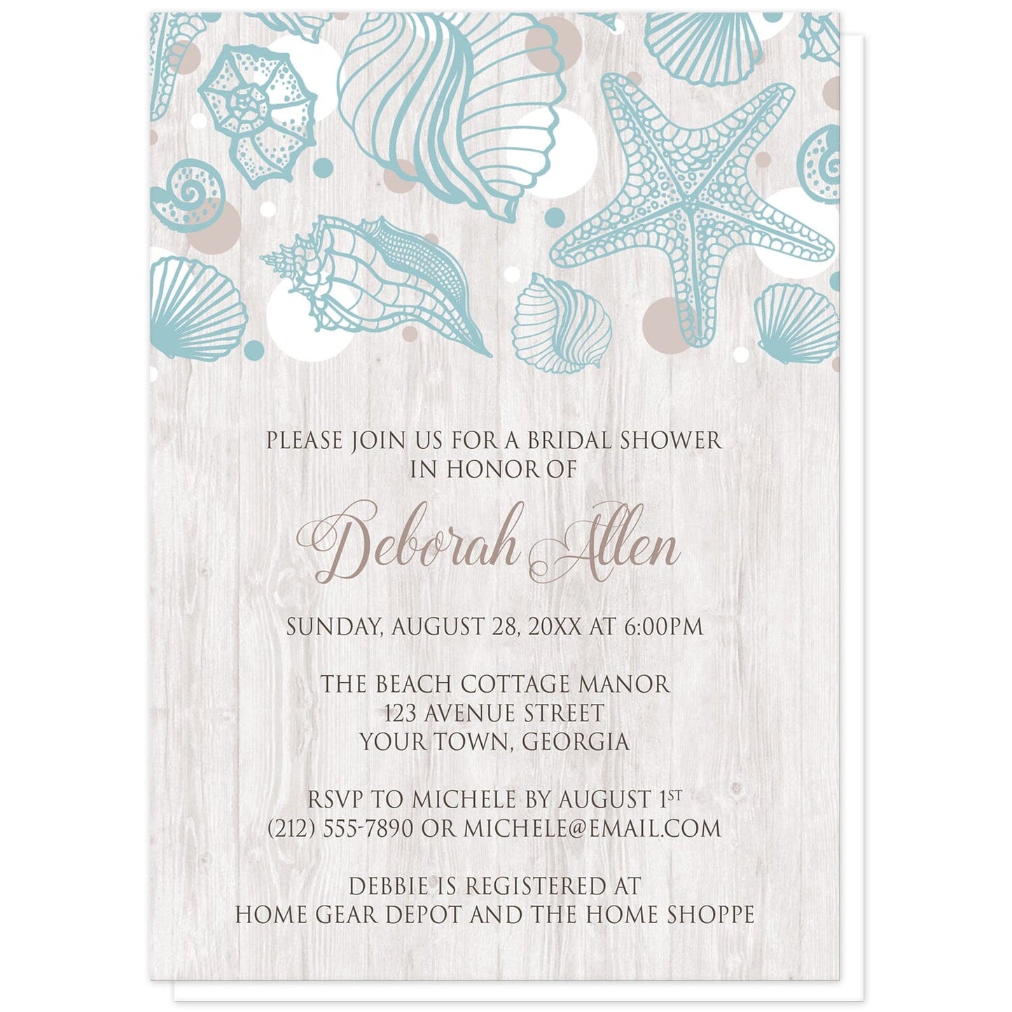 Seashell Whitewashed Wood Beach Bridal Shower Invitations at Artistically Invited. Rustic-chic seashell whitewashed wood beach bridal shower invitations with a turquoise seashell line drawing with accent tan and white dots over a light whitewashed wood illustration. Your personalized bridal shower celebration details are arranged in tan and brown over the whitewashed wood background below the seashells.