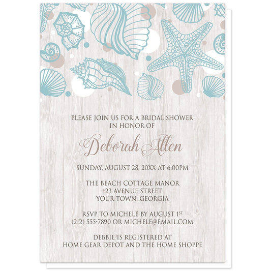 Seashell Whitewashed Wood Beach Bridal Shower Invitations at Artistically Invited. Rustic-chic seashell whitewashed wood beach bridal shower invitations with a turquoise seashell line drawing with accent tan and white dots over a light whitewashed wood illustration. Your personalized bridal shower celebration details are arranged in tan and brown over the whitewashed wood background below the seashells.