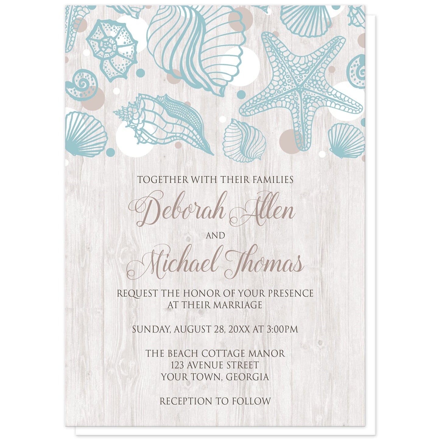 Seashell Whitewashed Wood Beach Wedding Invitations at Artistically Invited. Rustic-chic seashell whitewashed wood beach wedding invitations with a turquoise seashell line drawing with accent tan and white dots over a light whitewashed wood illustration. Your personalized marriage celebration details are arranged in tan and brown over the whitewashed wood background below the seashells.