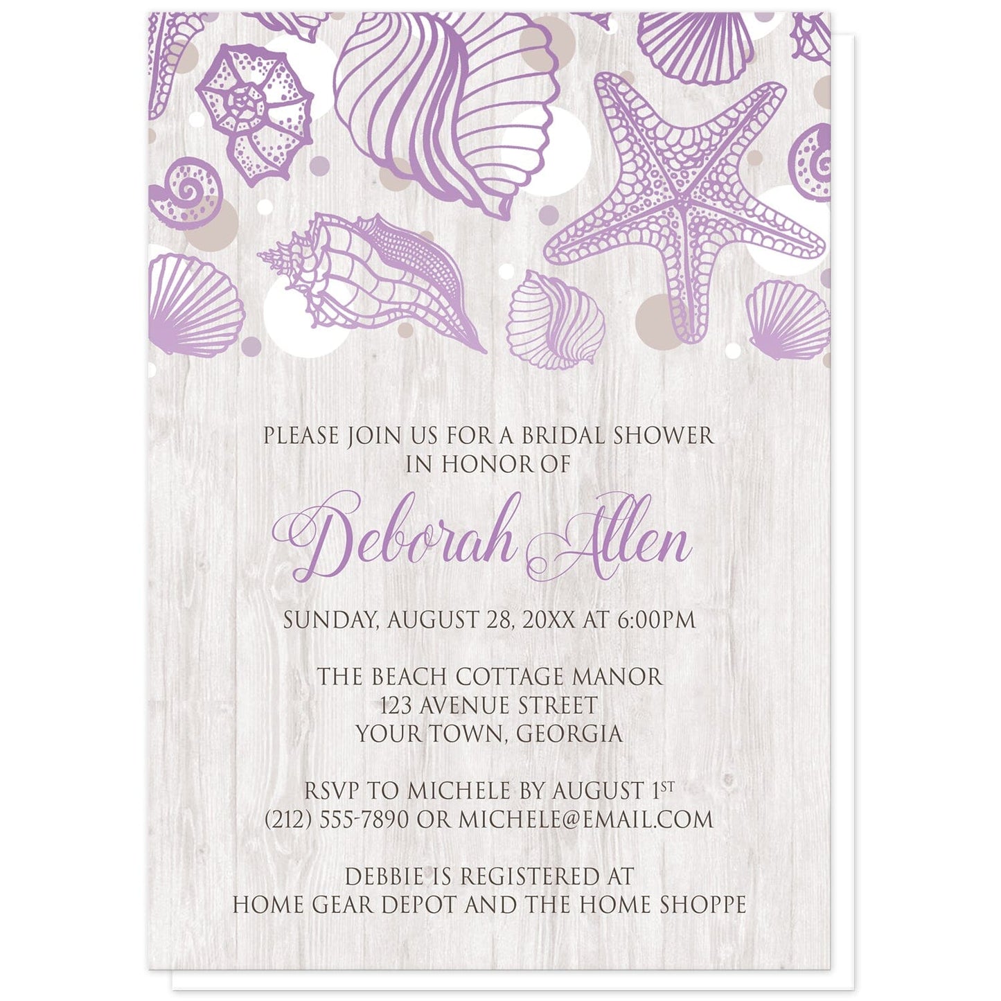 Seashell Whitewashed Wood Purple Beach Bridal Shower Invitations at Artistically Invited. Rustic-chic seashell whitewashed wood purple beach bridal shower invitations with a purple seashell line drawing with accent tan and white dots over a light whitewashed wood illustration. Your personalized bridal shower celebration details are arranged in tan and brown over the whitewashed wood background below the seashells.
