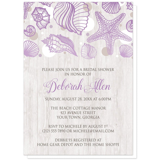 Seashell Whitewashed Wood Purple Beach Bridal Shower Invitations at Artistically Invited. Rustic-chic seashell whitewashed wood purple beach bridal shower invitations with a purple seashell line drawing with accent tan and white dots over a light whitewashed wood illustration. Your personalized bridal shower celebration details are custom printed in tan and brown over the whitewashed wood background below the seashells.