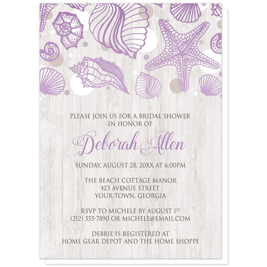 Seashell Whitewashed Wood Purple Beach Bridal Shower Invitations at Artistically Invited. Rustic-chic seashell whitewashed wood purple beach bridal shower invitations with a purple seashell line drawing with accent tan and white dots over a light whitewashed wood illustration. Your personalized bridal shower celebration details are arranged in tan and brown over the whitewashed wood background below the seashells.