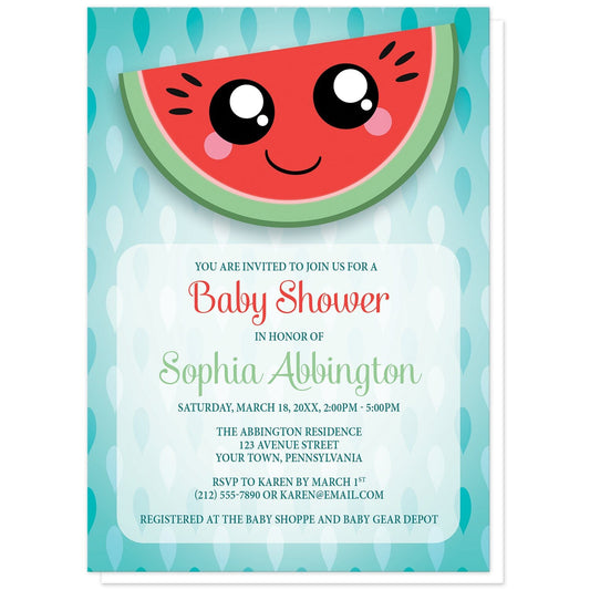 Smiling Watermelon Slice Baby Shower Invitations at Artistically Invited. Cute smiling watermelon slice baby shower invitations with a happy and smiling Kawaii-style red and green watermelon slice over a turquoise seed pattern background. The personalized information you provide for your baby shower celebration will be arranged in red, green, and dark turquoise over a lightened frame area over the seeds pattern below the watermelon slice.