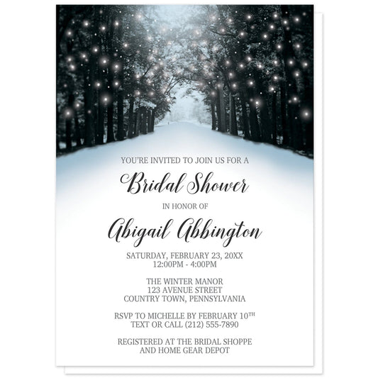 Snowy Winter Road Tree Lights Bridal Shower Invitations at Artistically Invited. Beautiful snowy winter road tree lights bridal shower invitations with a snowy tree lined road filled with white holiday lights. They're designed in a blue, black, and gray winter color scheme with a winter wonderland theme.