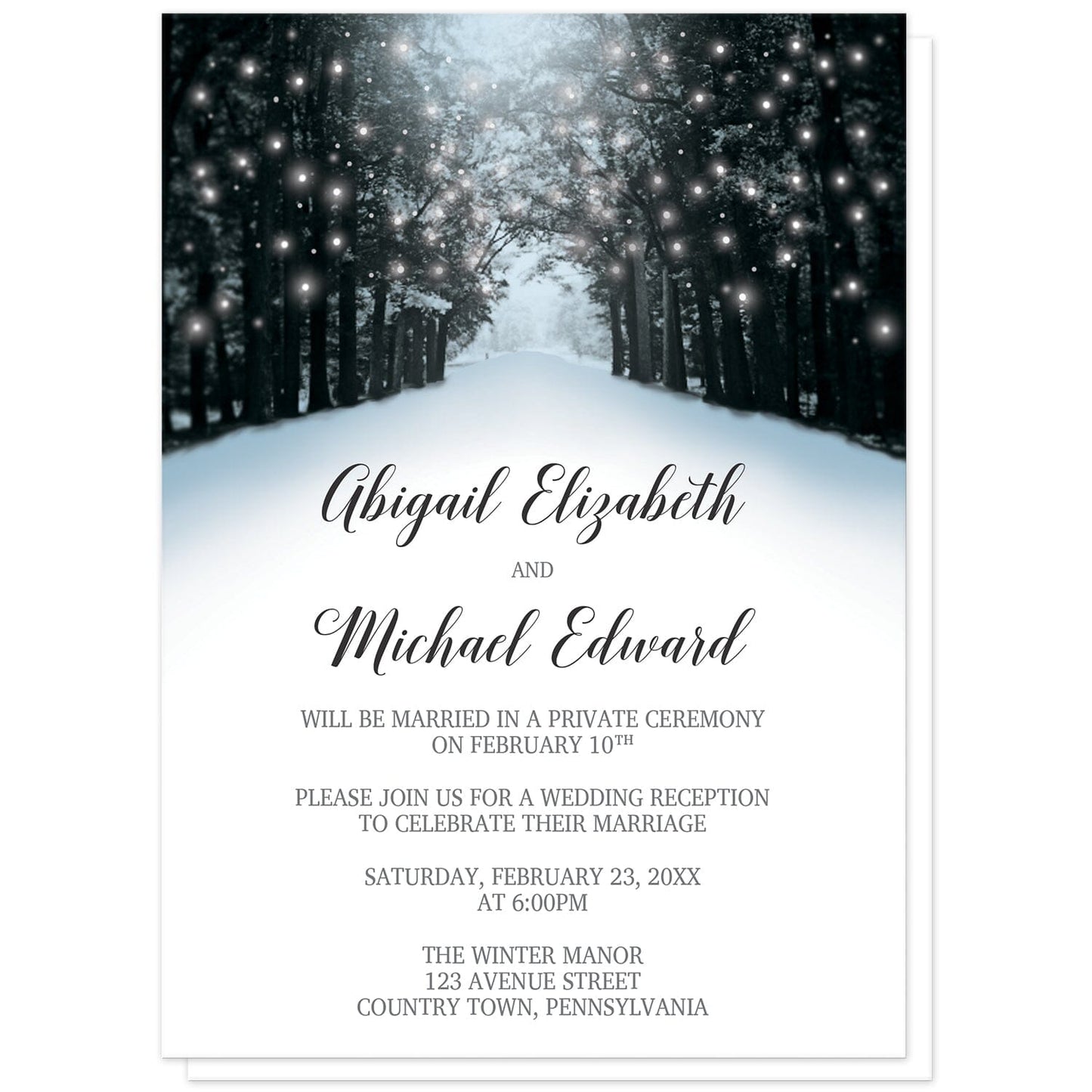 Snowy Winter Road Tree Lights Reception Only Invitations at Artistically Invited. Beautiful snowy winter road tree lights reception only invitations with a snowy tree lined road filled with white holiday lights. They're designed in a blue, black, and gray winter color scheme with a winter wonderland theme. Your personalized post-wedding reception details are arranged in black and gray over a snow white background below the snowy road design.