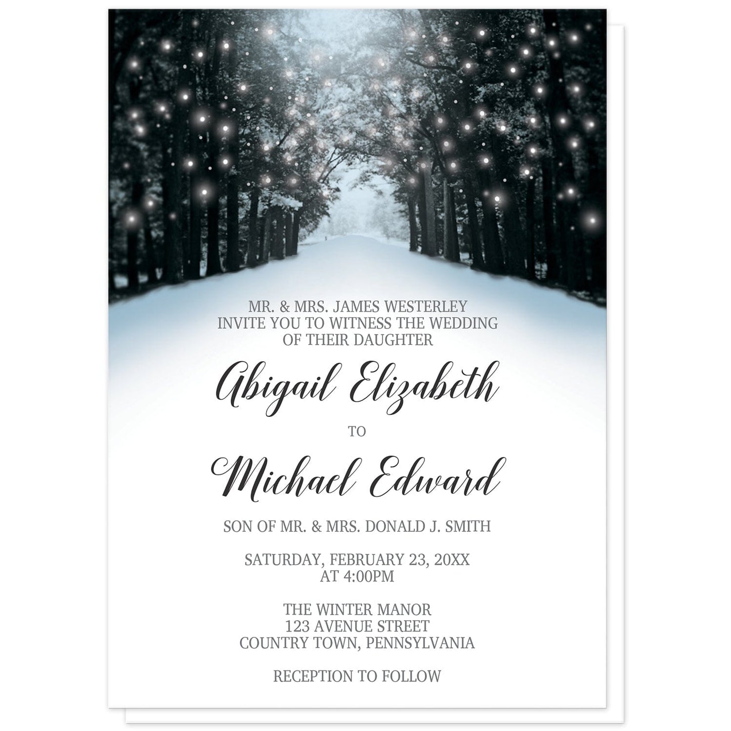 Snowy Winter Road Tree Lights Wedding Invitations at Artistically Invited. Beautiful snowy winter road tree lights wedding invitations with a snowy tree lined road filled with white holiday lights. They're designed in a blue, black, and gray winter color scheme with a winter wonderland theme. Your personalized marriage celebration details are arranged in black and gray over a snow white background below the snowy road design.