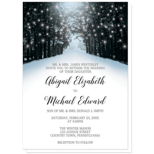 Snowy Winter Road Tree Lights Wedding Invitations at Artistically Invited. Beautiful snowy winter road tree lights wedding invitations with a snowy tree lined road filled with white holiday lights. They're designed in a blue, black, and gray winter color scheme with a winter wonderland theme. Your personalized marriage celebration details are custom printed in black and gray over a snow white background below the snowy road design.