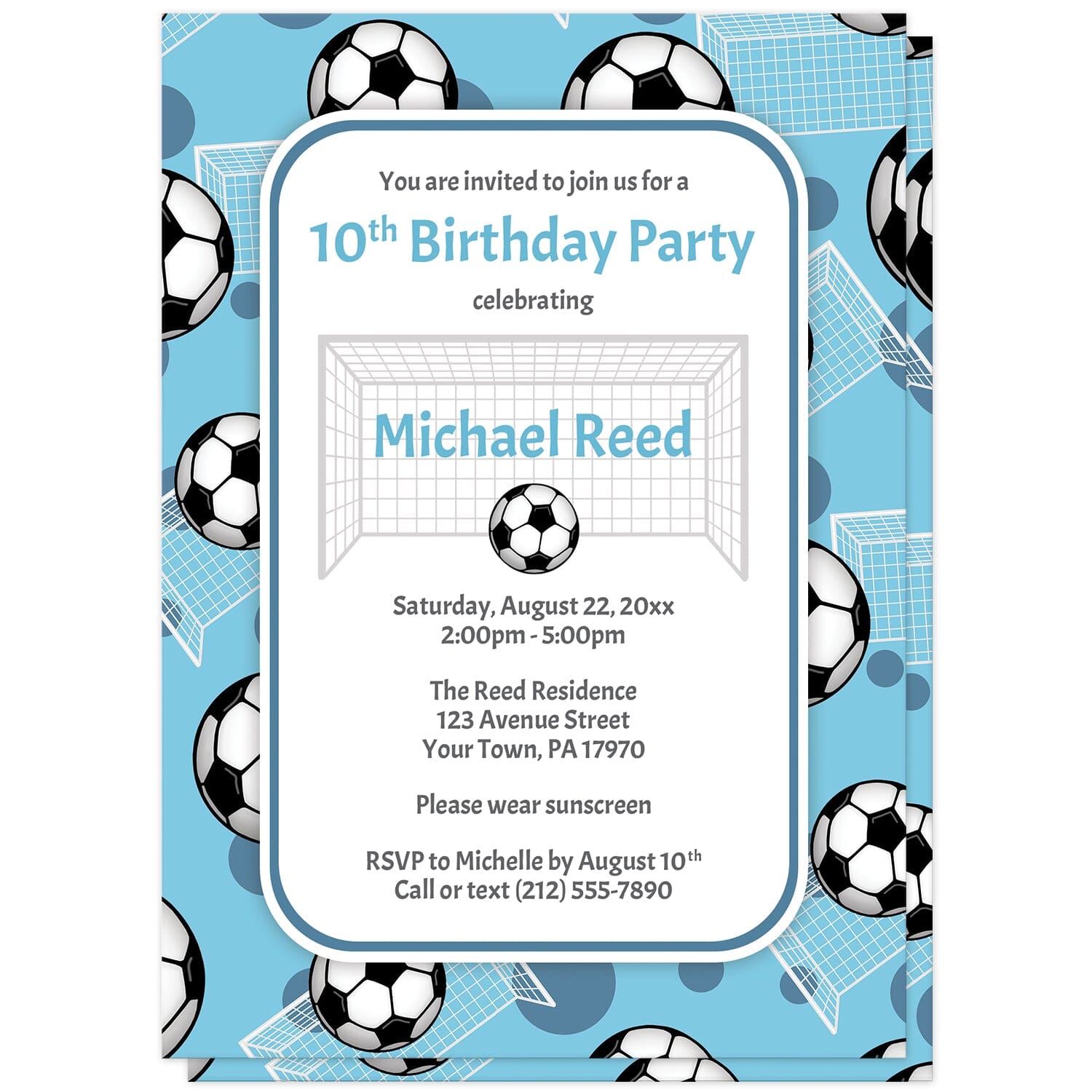 Soccer Ball and Goal Blue Birthday Party Invitations at Artistically Invited. Sports-themed soccer ball and goal blue birthday party invitations for any age or milestone that are uniquely illustrated with a pattern of soccer balls and soccer goals over a blue background color. Your personalized birthday party details are arranged in blue and gray over white in the center over the soccer pattern.