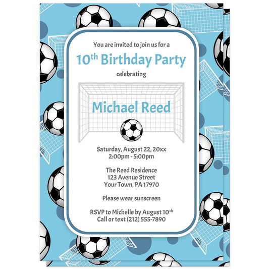 Soccer Ball and Goal Blue Birthday Party Invitations at Artistically Invited. Sports-themed soccer ball and goal blue birthday party invitations for any age or milestone that are uniquely illustrated with a pattern of soccer balls and soccer goals over a blue background color. Your personalized birthday party details are arranged in blue and gray over white in the center over the soccer pattern.