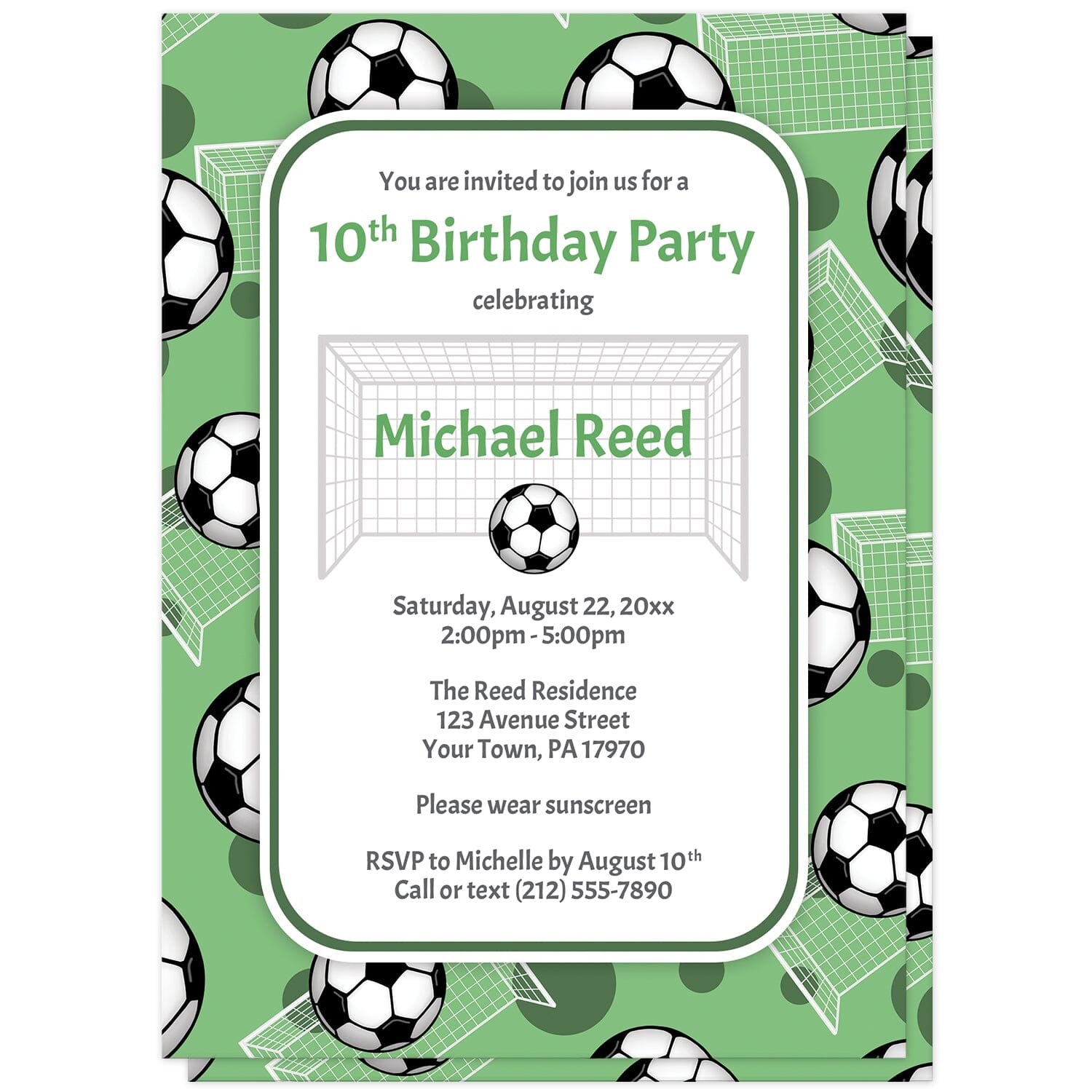 Soccer Ball and Goal Green Birthday Party Invitations at Artistically Invited. Sports-themed soccer ball and goal green birthday party invitations for any age or milestone that are uniquely illustrated with a pattern of soccer balls and soccer goals over a green background color. Your personalized birthday party details are arranged in green and gray over white in the center over the soccer pattern.
