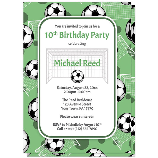 Soccer Ball and Goal Green Birthday Party Invitations at Artistically Invited. Sports-themed soccer ball and goal green birthday party invitations for any age or milestone that are uniquely illustrated with a pattern of soccer balls and soccer goals over a green background color. Your personalized birthday party details are arranged in green and gray over white in the center over the soccer pattern.