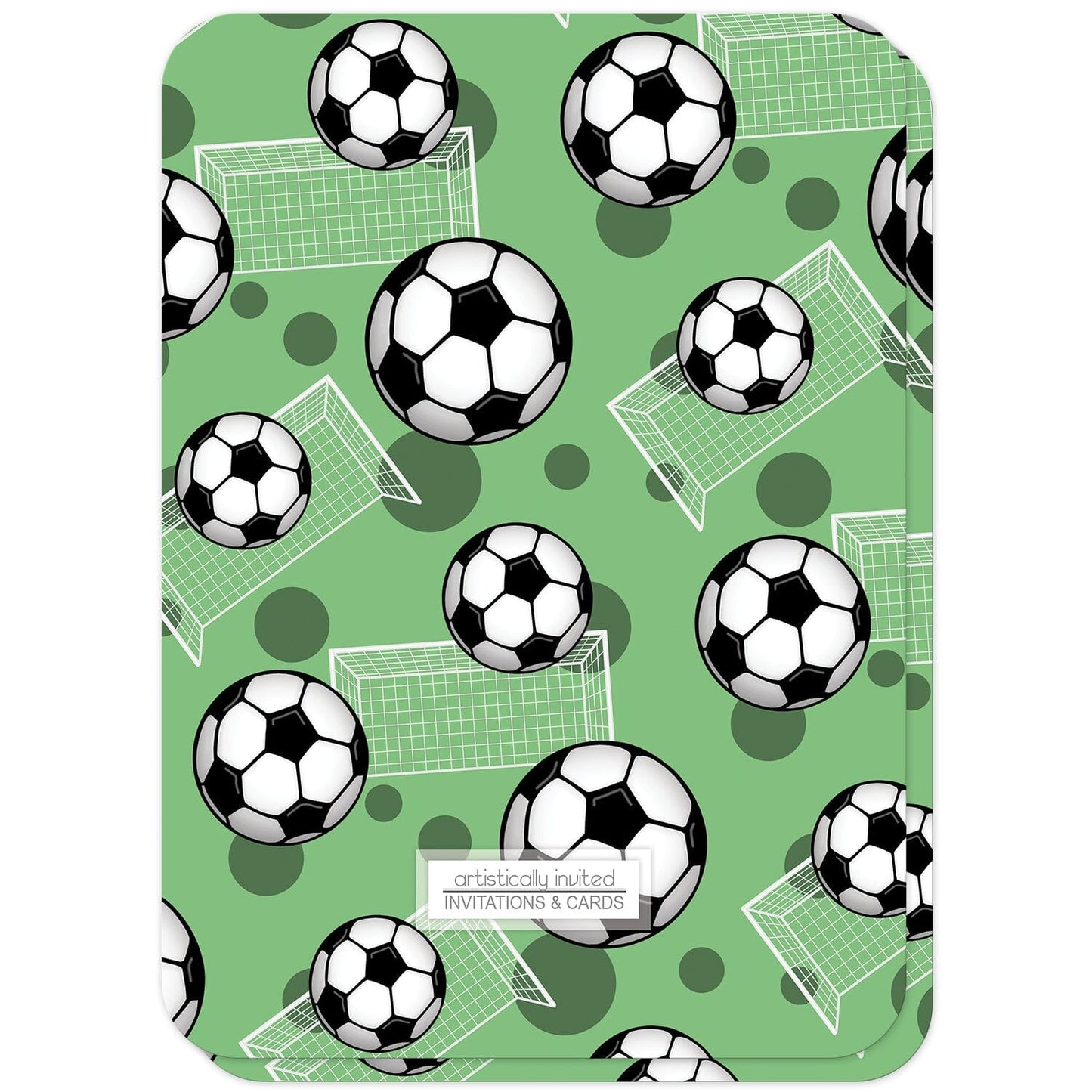 Soccer Ball and Goal Green Birthday Party Invitations (back side with rounded corners) at Artistically Invited.