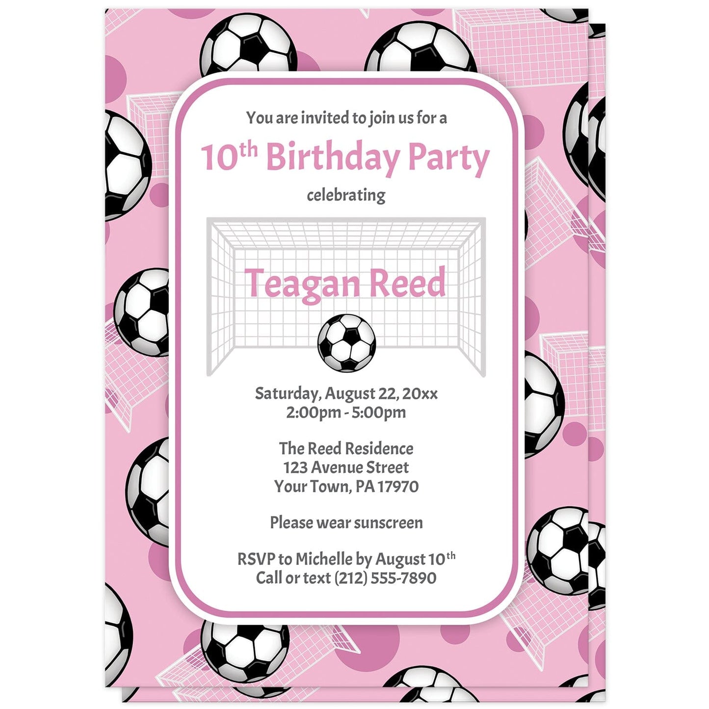 Soccer Ball and Goal Pink Birthday Party Invitations at Artistically Invited. Sports-themed soccer ball and goal pink birthday party invitations for any age or milestone that are uniquely illustrated with a pattern of soccer balls and soccer goals over a pink background color. Your personalized birthday party details are arranged in pink and gray over white in the center over the soccer pattern.