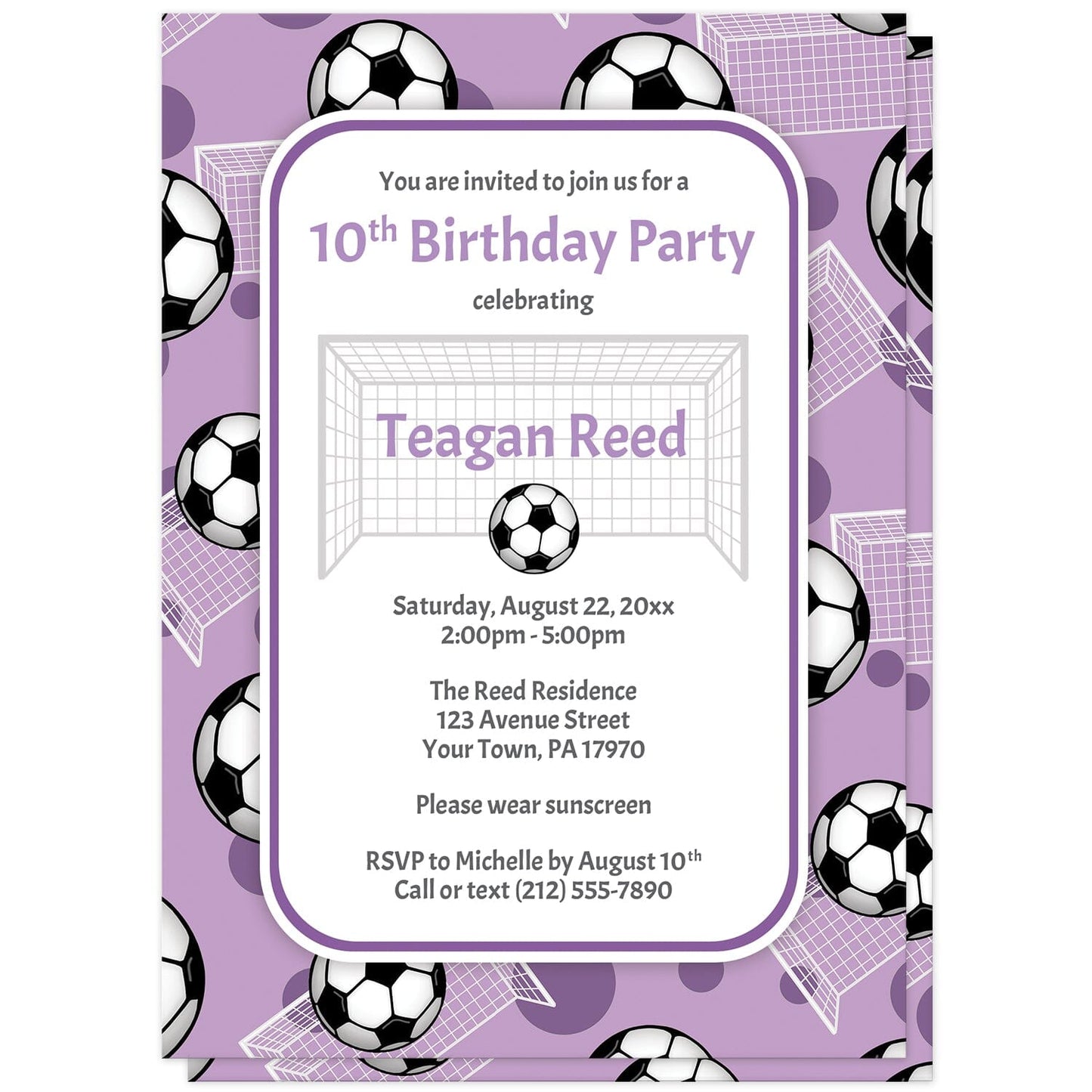 Soccer Ball and Goal Purple Birthday Party Invitations at Artistically Invited. Sports-themed soccer ball and goal purple birthday party invitations for any age or milestone that are uniquely illustrated with a pattern of soccer balls and soccer goals over a purple background color. Your personalized birthday party details are arranged in purple and gray over white in the center over the soccer pattern.