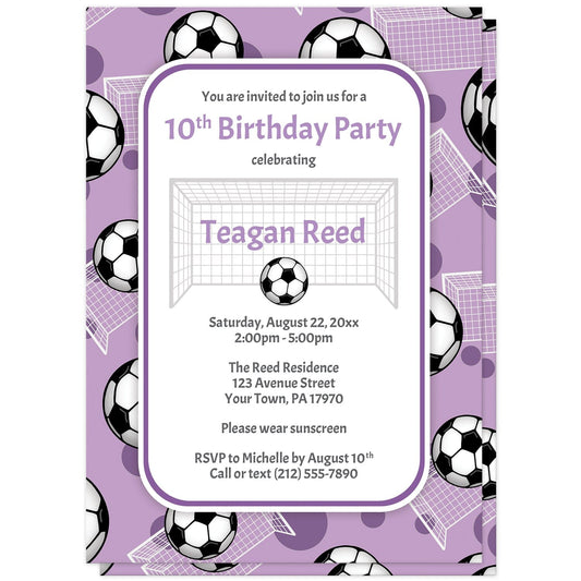 Soccer Ball and Goal Purple Birthday Party Invitations at Artistically Invited. Sports-themed soccer ball and goal purple birthday party invitations for any age or milestone that are uniquely illustrated with a pattern of soccer balls and soccer goals over a purple background color. Your personalized birthday party details are arranged in purple and gray over white in the center over the soccer pattern.