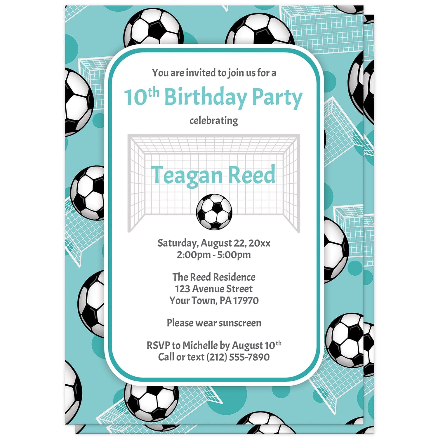 Soccer Ball and Goal Teal Birthday Party Invitations at Artistically Invited. Sports-themed soccer ball and goal teal birthday party invitations for any age or milestone that are uniquely illustrated with a pattern of soccer balls and soccer goals over a teal background color. Your personalized birthday party details are arranged in teal and gray over white in the center over the soccer pattern.