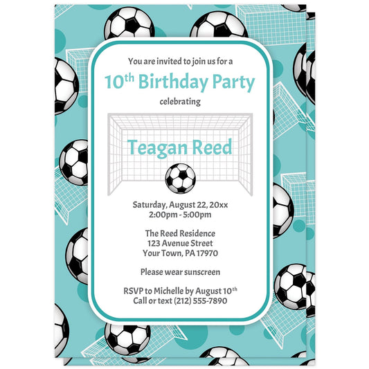 Soccer Ball and Goal Teal Birthday Party Invitations at Artistically Invited. Sports-themed soccer ball and goal teal birthday party invitations for any age or milestone that are uniquely illustrated with a pattern of soccer balls and soccer goals over a teal background color. Your personalized birthday party details are arranged in teal and gray over white in the center over the soccer pattern.