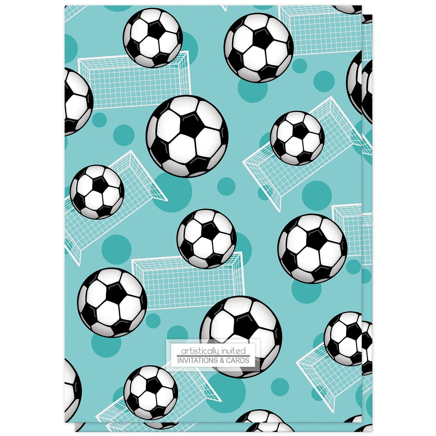 Soccer Ball and Goal Teal Birthday Party Invitations (back side) at Artistically Invited.