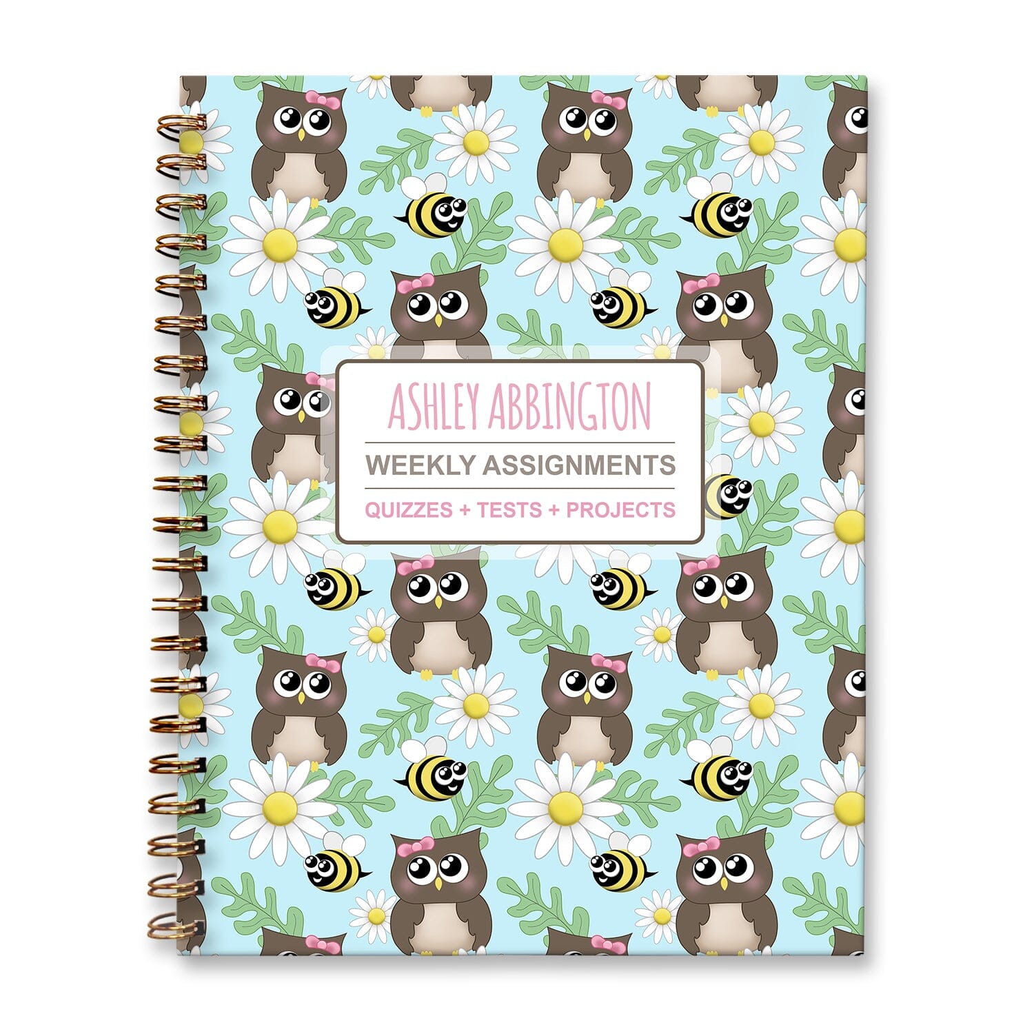Personalized Owl Bee Daisy Weekly Assignments Book for students to track their homework, quizzes and tests, and projects every week for school.