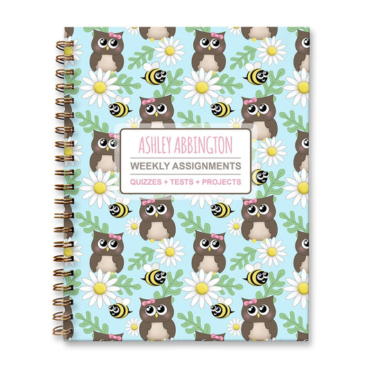 Personalized Owl Bee Daisy Weekly Assignments Book for students to track their homework, quizzes and tests, and projects every week for school.