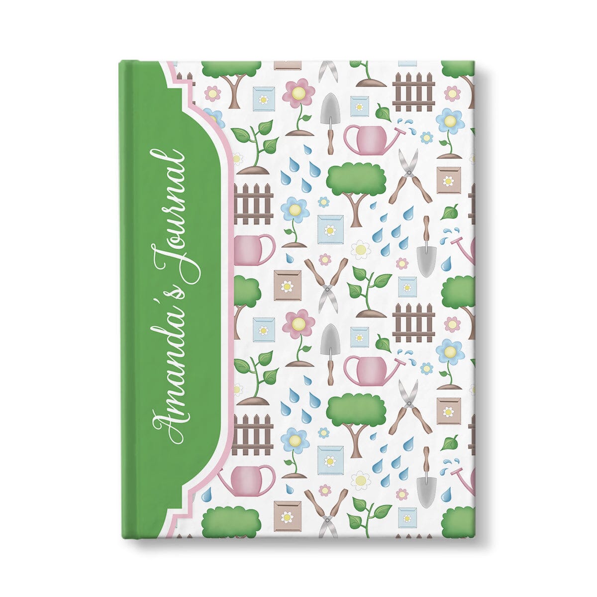 Personalized Spring Gardening Pattern Journal at Artistically Invited. A custom book designed with a pattern of gardening tools such as spades, watering cans, seed packets, shears, and more, and garden elements such as trees, plants, and flowers. Your personalized name is custom printed sideways in a white script font over a green frame area on the front side of the book that wraps around the spine.