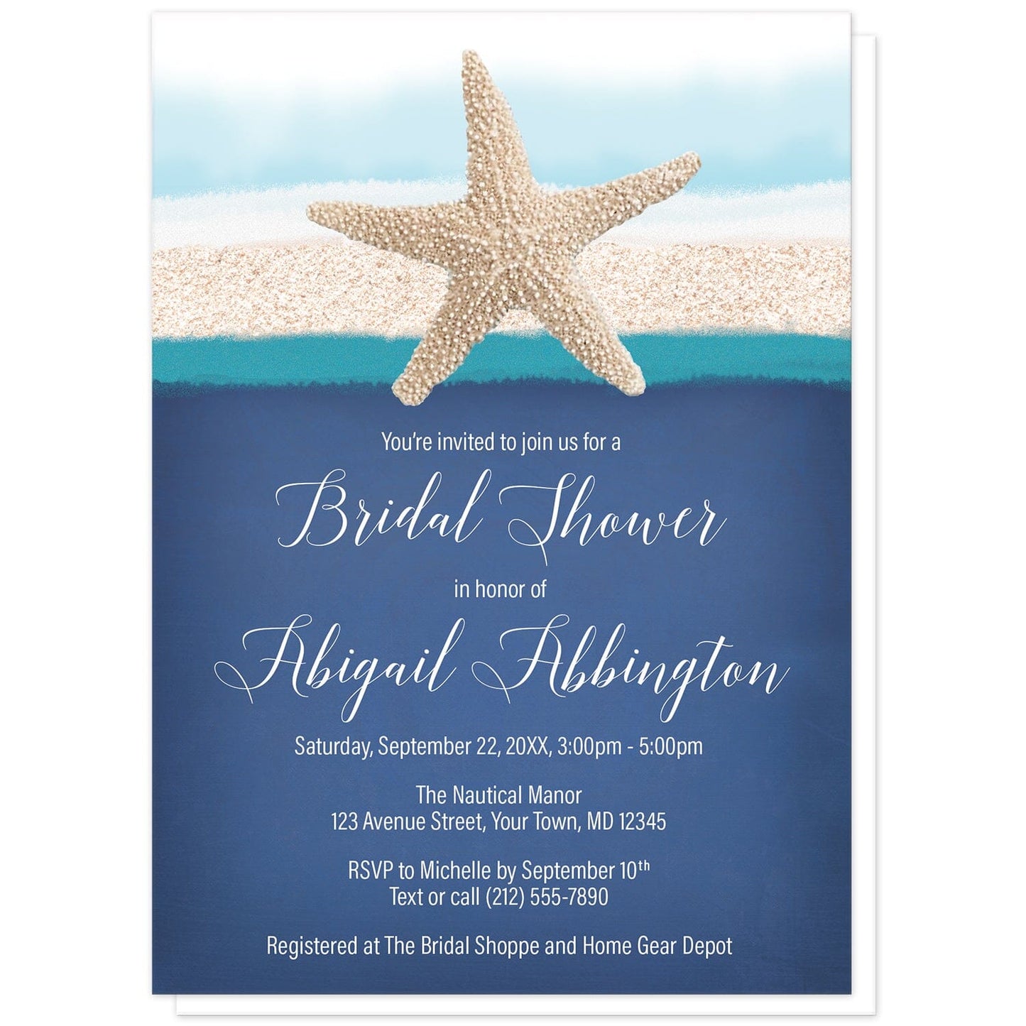 Starfish Navy Blue Teal Beach Bridal Shower Invitations at Artistically Invited. Starfish navy blue teal beach bridal shower invitations with a starfish image over a rough watercolor and sand stripe illustration in white, blue, beige, and teal along the top. Your personalized bridal shower celebration details are arranged in white over a rough navy blue background design below the sea star.