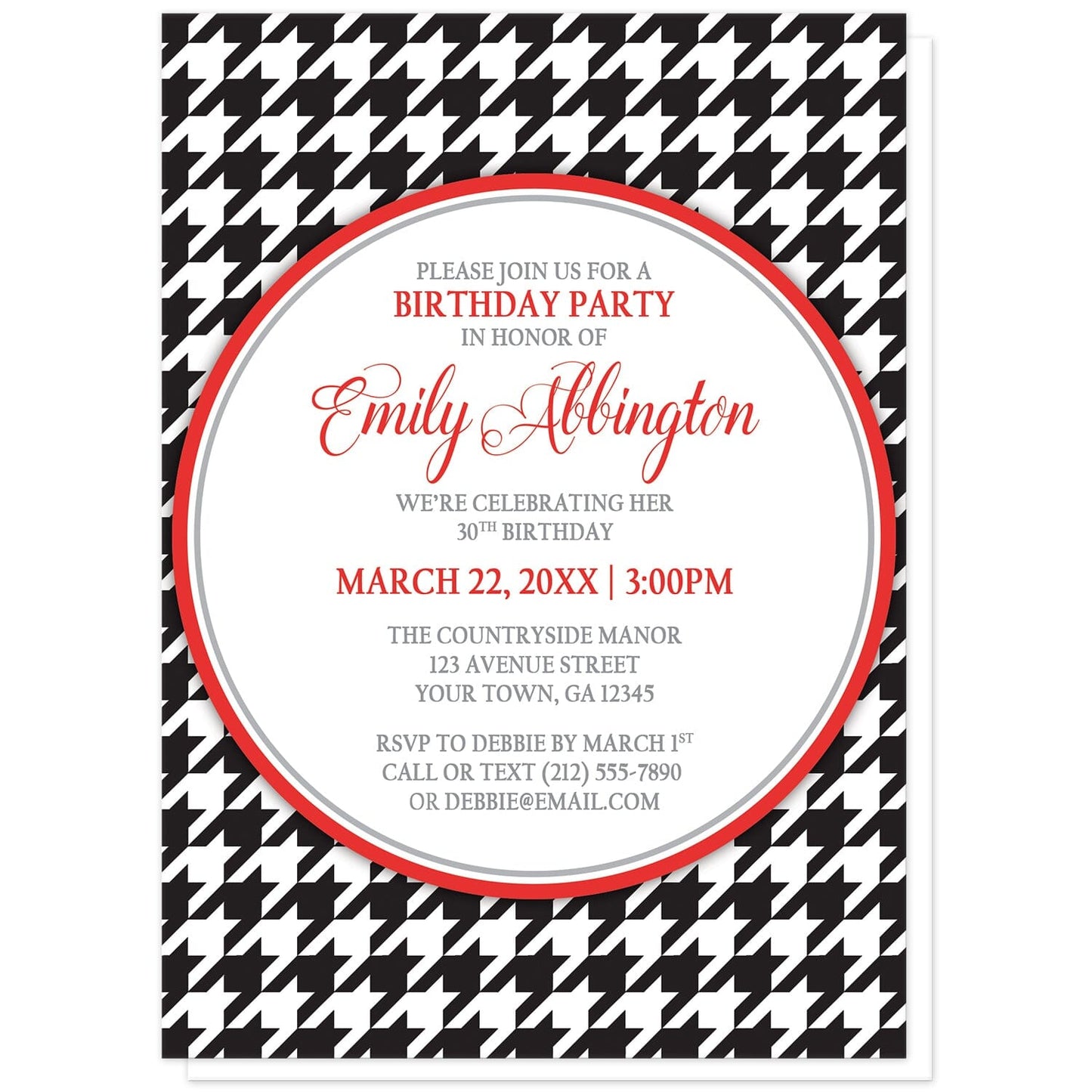 Stylish Black Houndstooth Red Birthday Invitations at Artistically Invited. Stylish black houndstooth red birthday invitations with your personalized birthday party details arranged in red and gray inside a white circle over a black and white houndstooth pattern.
