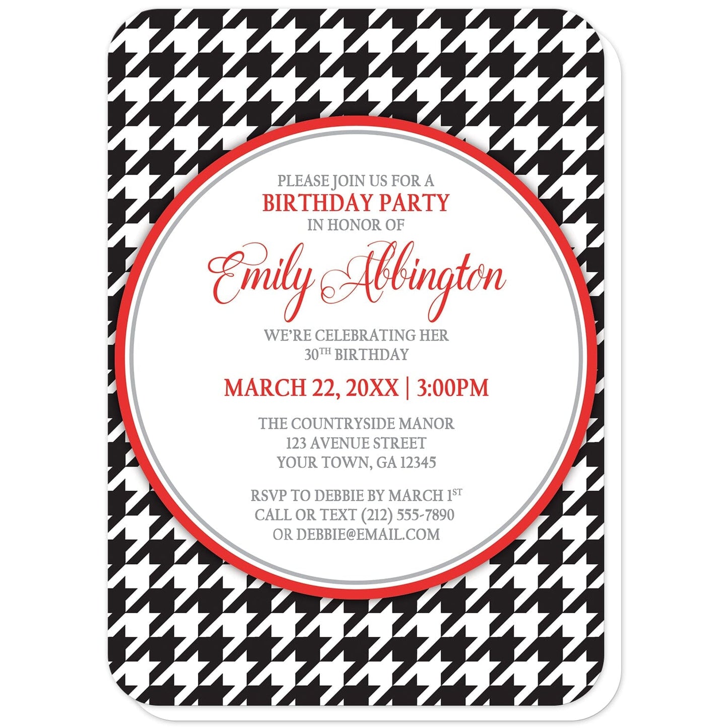 Stylish Black Houndstooth Red Birthday Invitations (with rounded corners) at Artistically Invited. Stylish black houndstooth red birthday invitations with your personalized birthday party details custom printed in red and gray inside a white circle over a black and white houndstooth pattern.