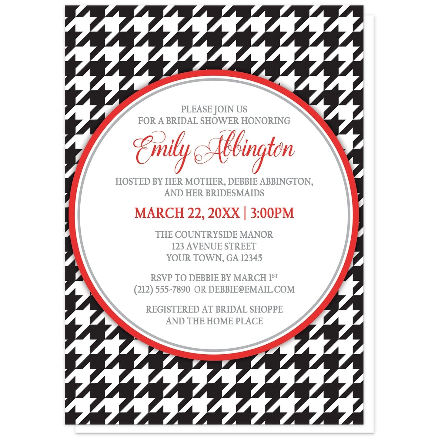 Stylish Black Houndstooth Red Bridal Shower Invitations at Artistically Invited. Stylish black houndstooth red bridal shower invitations with your personalized bridal shower celebration details arranged in red and gray inside a white circle over a black and white houndstooth pattern.