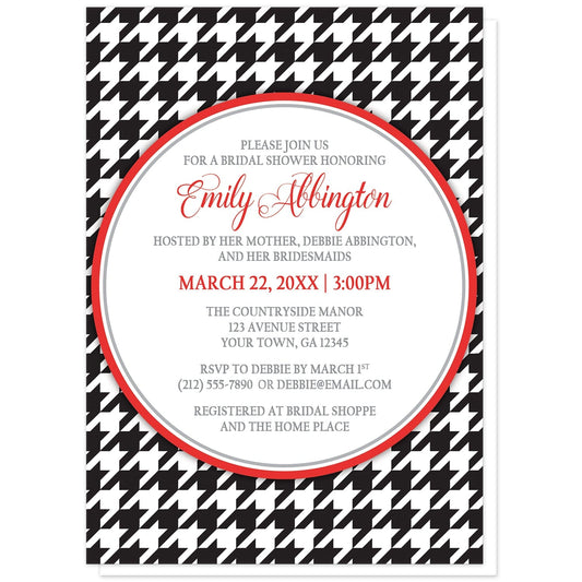 Stylish Black Houndstooth Red Bridal Shower Invitations at Artistically Invited. Stylish black houndstooth red bridal shower invitations with your personalized bridal shower celebration details arranged in red and gray inside a white circle over a black and white houndstooth pattern.