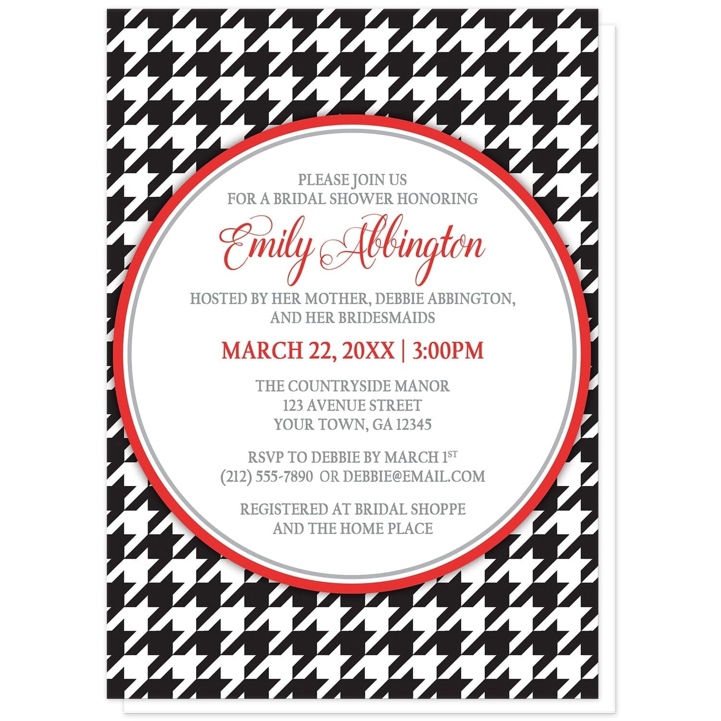 Stylish Black Houndstooth Red Bridal Shower Invitations at Artistically Invited. Stylish black houndstooth red bridal shower invitations with your personalized bridal shower celebration details custom printed in red and gray inside a white circle over a black and white houndstooth pattern. 