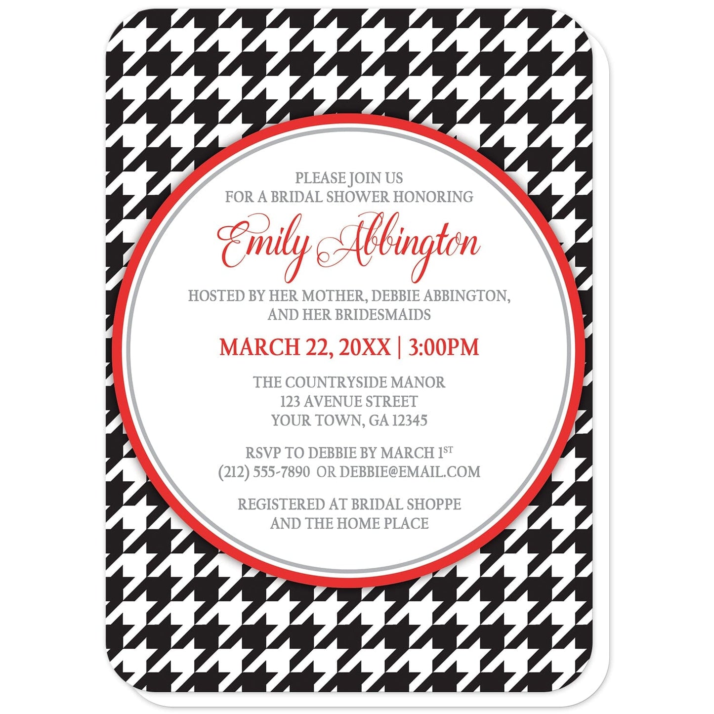 Stylish Black Houndstooth Red Bridal Shower Invitations (with rounded corners) at Artistically Invited. Stylish black houndstooth red bridal shower invitations with your personalized bridal shower celebration details custom printed in red and gray inside a white circle over a black and white houndstooth pattern.