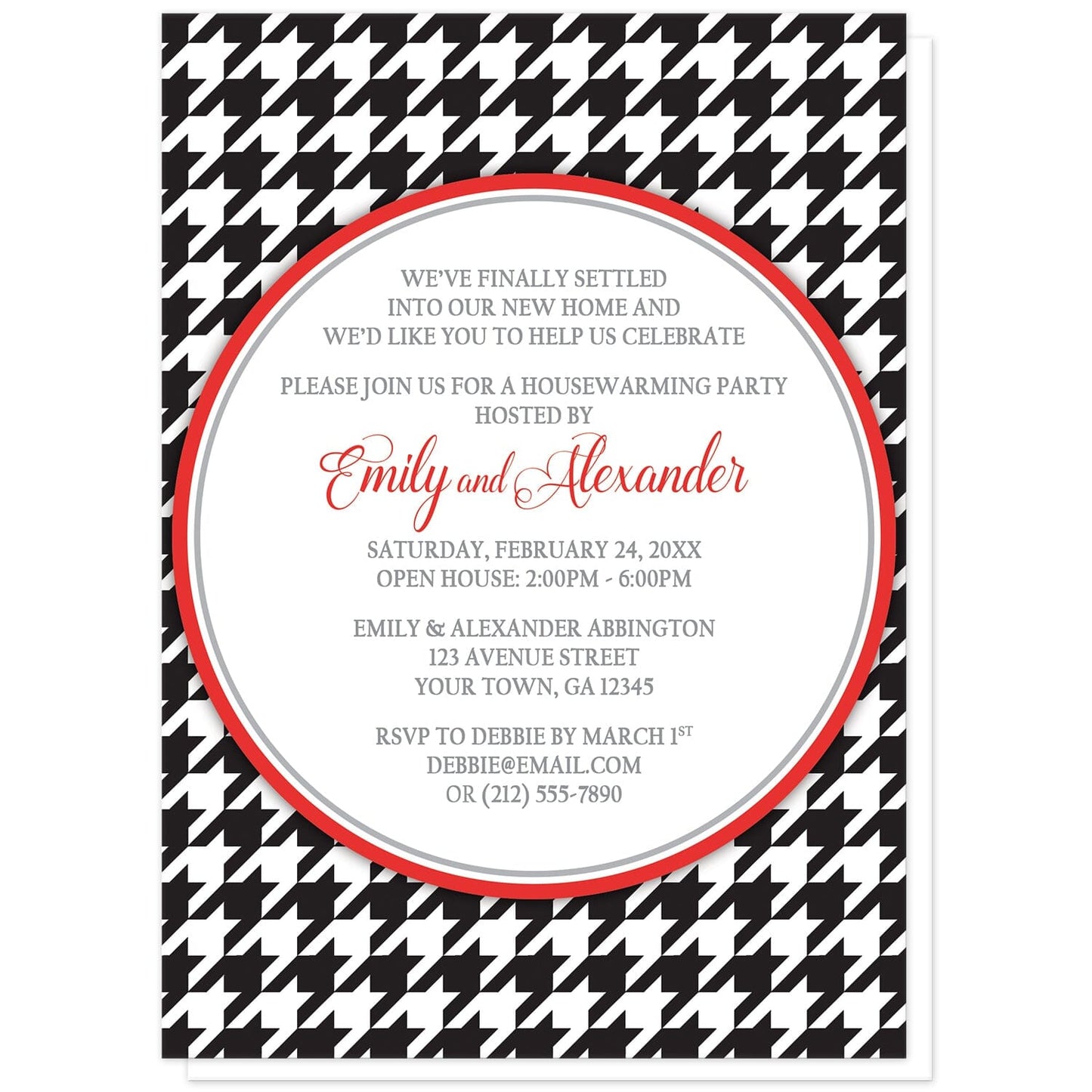 Stylish Black Houndstooth Red Housewarming Invitations at Artistically Invited. Stylish black houndstooth red housewarming invitations with your personalized celebration details arranged in red and gray inside a white circle over a black and white houndstooth pattern.