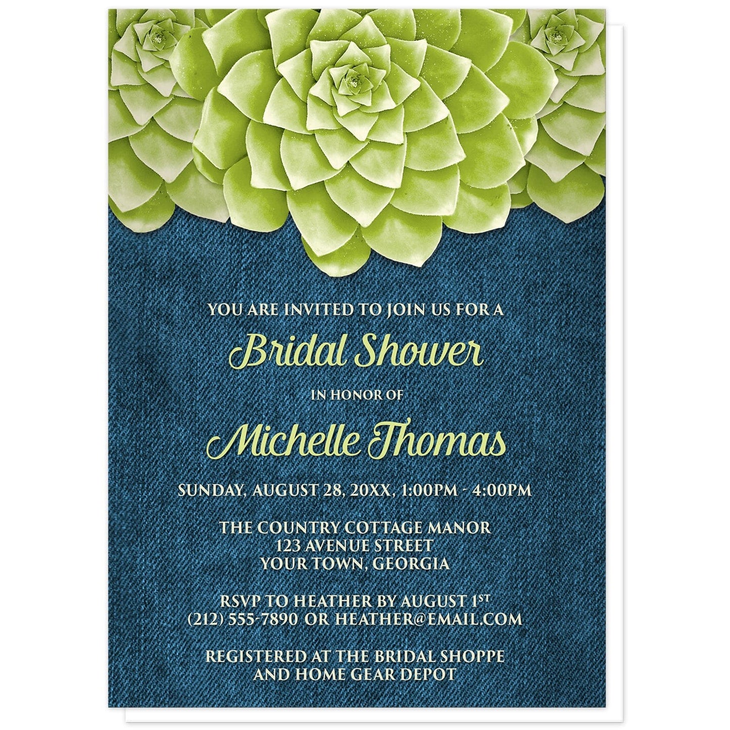 Succulent Green Blue Denim Bridal Shower Invitations at Artistically Invited. Cool and fresh succulent green blue denim bridal shower invitations with three large green succulents along the top of the invitations over a rustic blue denim background design. Your personalized bridal shower celebration details are arranged in green and light green over the denim background below the succulents.