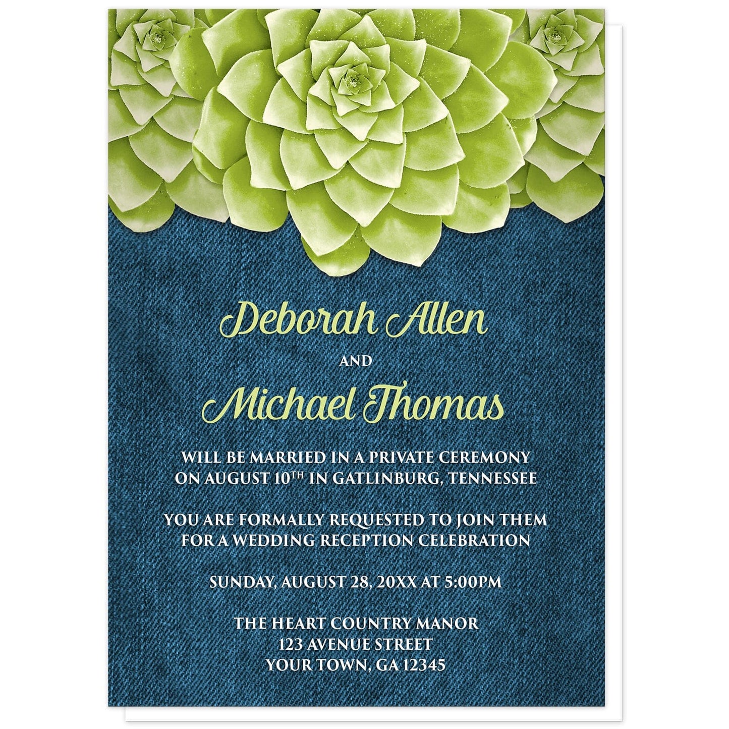 Succulent Green Blue Denim Reception Only Invitations at Artistically Invited. Cool and fresh succulent green blue denim reception only invitations with three large green succulents along the top of the invitations over a rustic blue denim background design. Your personalized post-wedding reception details are arranged in green and light green over the denim background below the succulents.