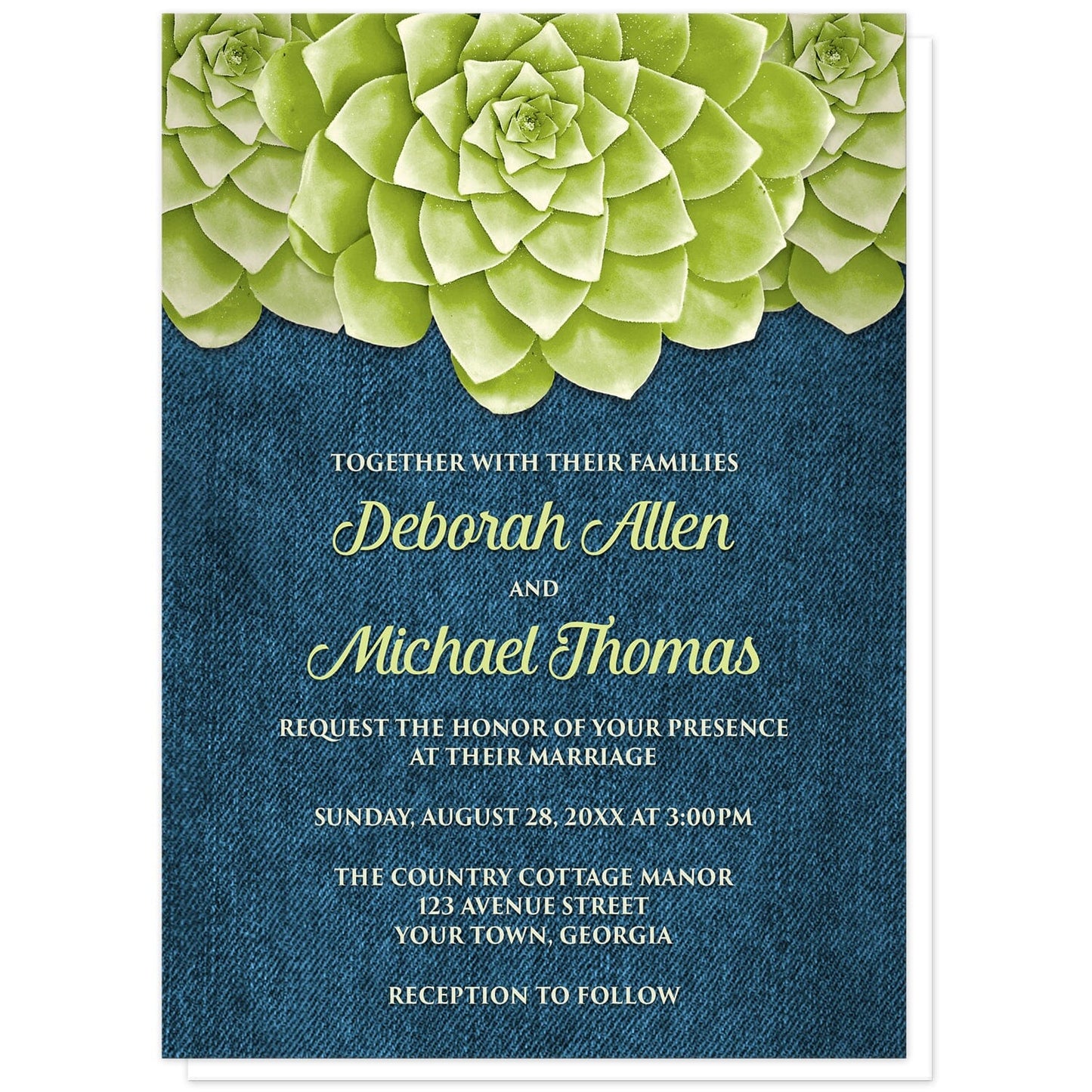 Succulent Green Blue Denim Wedding Invitations at Artistically Invited. Cool and fresh succulent green blue denim wedding invitations with three large green succulents along the top of the invitations over a rustic blue denim background design. Your personalized marriage celebration details are arranged in green and light green over the denim background below the succulents.