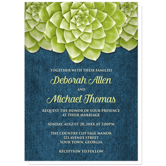Succulent Green Blue Denim Wedding Invitations at Artistically Invited. Cool and fresh succulent green blue denim wedding invitations with three large green succulents along the top of the invitations over a rustic blue denim background design. Your personalized marriage celebration details are arranged in green and light green over the denim background below the succulents.