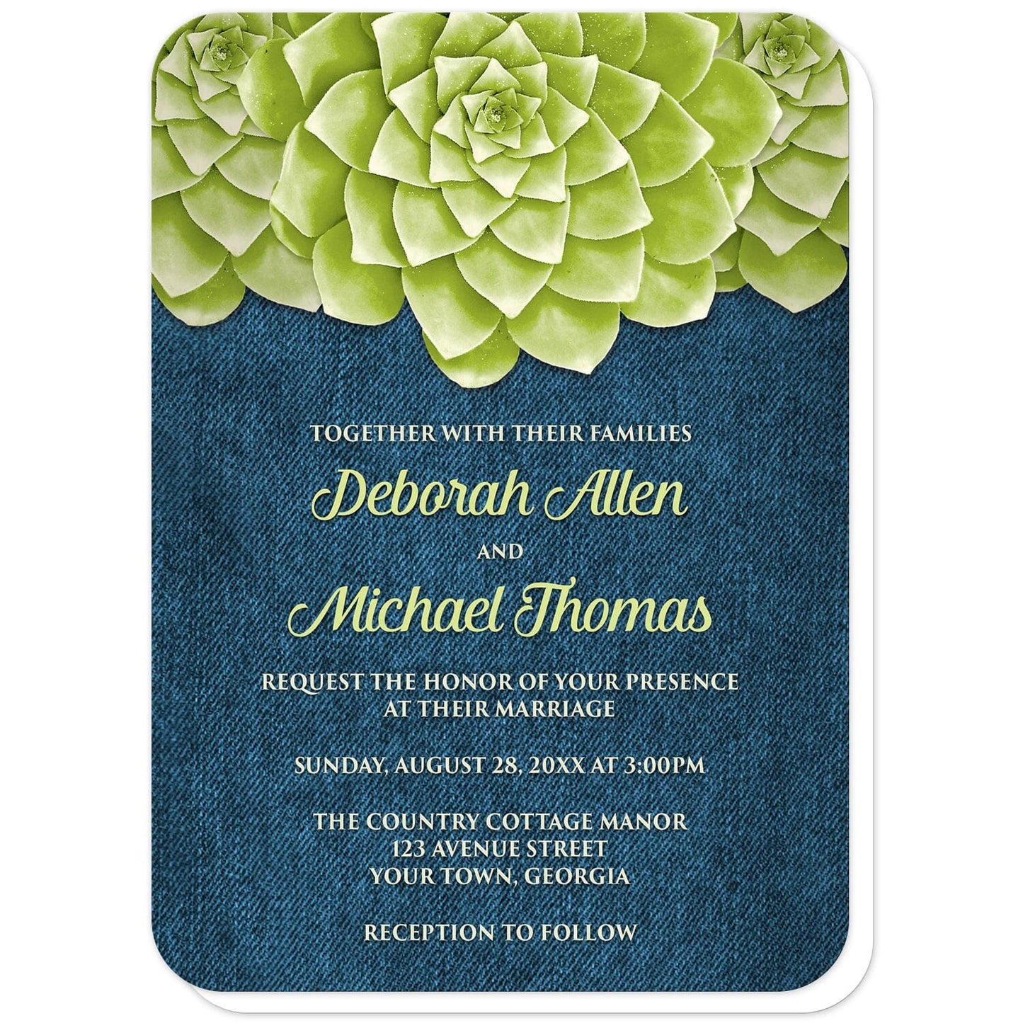 Succulent Green Blue Denim Wedding Invitations (with rounded corners) at Artistically Invited. Cool and fresh succulent green blue denim wedding invitations with three large green succulents along the top of the invitations over a rustic blue denim background design. Your personalized marriage celebration details are custom printed in green and light green over the denim background below the succulents.