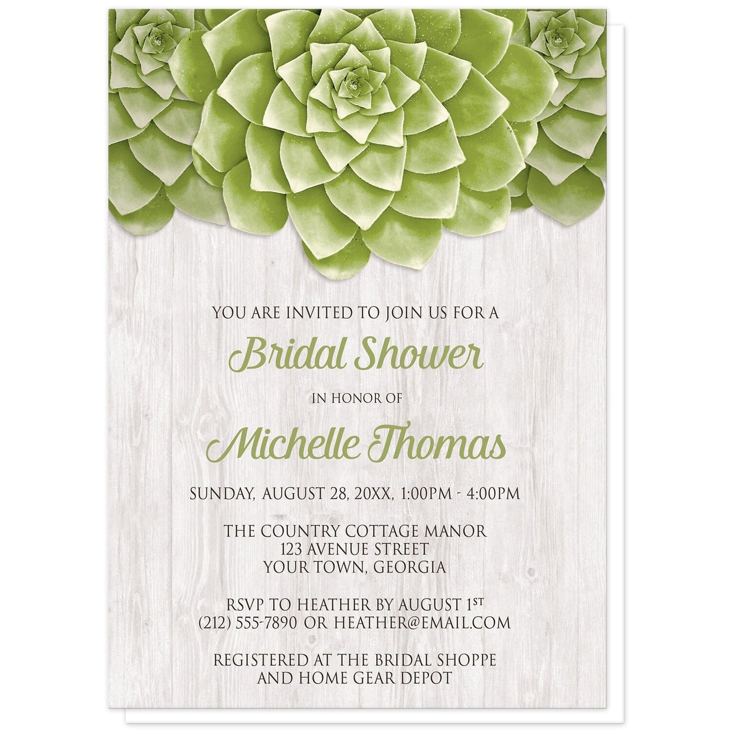 Succulent Whitewashed Wood Bridal Shower Invitations at Artistically Invited. Cool and fresh succulent whitewashed wood bridal shower invitations with three large green succulents along the top of the invitations over a rustic whitewashed wood background design. Your personalized bridal shower celebration details are arranged in green and dark brown over the whitewashed wood background below the succulents.