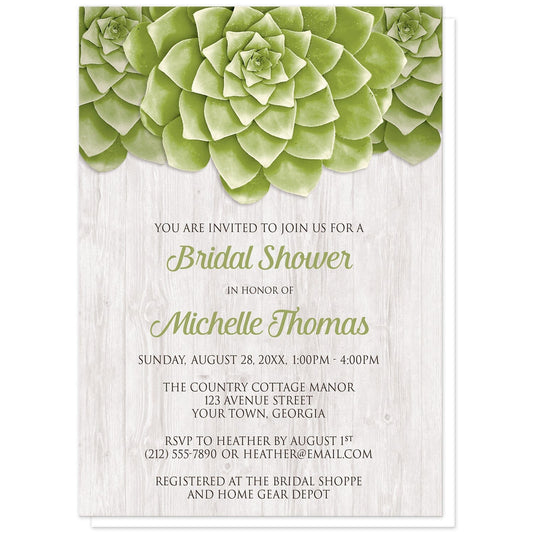 Succulent Whitewashed Wood Bridal Shower Invitations at Artistically Invited.  Cool and fresh succulent whitewashed wood bridal shower invitations with three large green succulents along the top of the invitations over a rustic whitewashed wood background design. Your personalized bridal shower celebration details are arranged in green and dark brown over the whitewashed wood background below the succulents.
