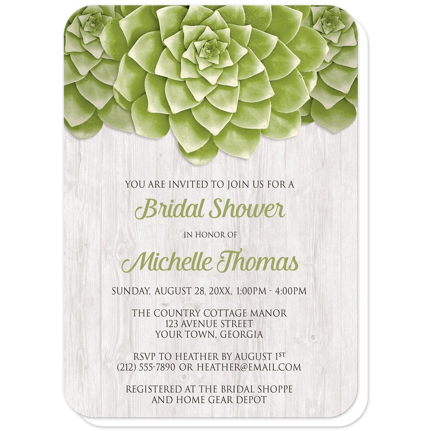 Succulent Whitewashed Wood Bridal Shower Invitations (with rounded corners) at Artistically Invited. Cool and fresh succulent whitewashed wood bridal shower invitations with three large green succulents along the top of the invitations over a rustic whitewashed wood background design. Your personalized bridal shower celebration details are custom printed in green and dark brown over the whitewashed wood background below the succulents.