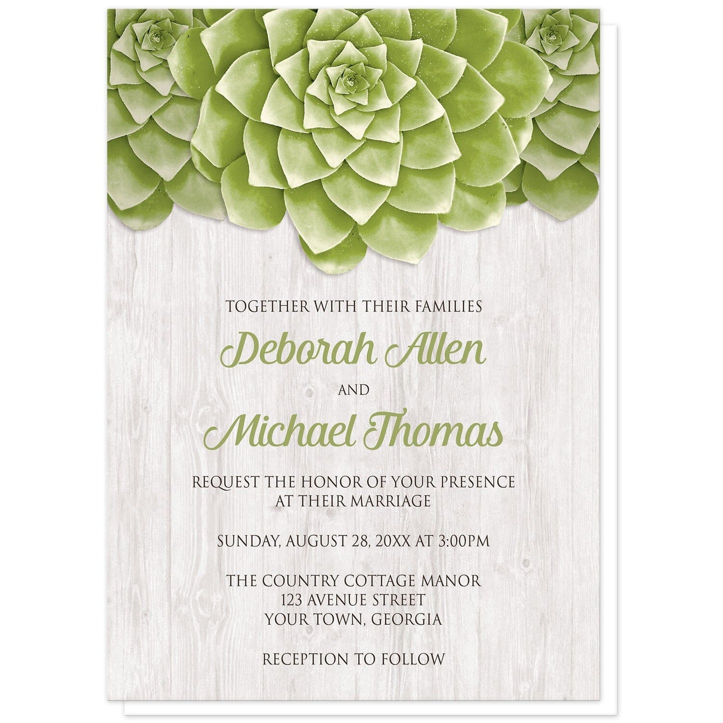 Succulent Whitewashed Wood Wedding Invitations at Artistically Invited. Cool and fresh succulent whitewashed wood wedding invitations with three large green succulents along the top of the invitations over a rustic whitewashed wood background design. Your personalized marriage celebration details are arranged in green and dark brown over the whitewashed wood background below the succulents.