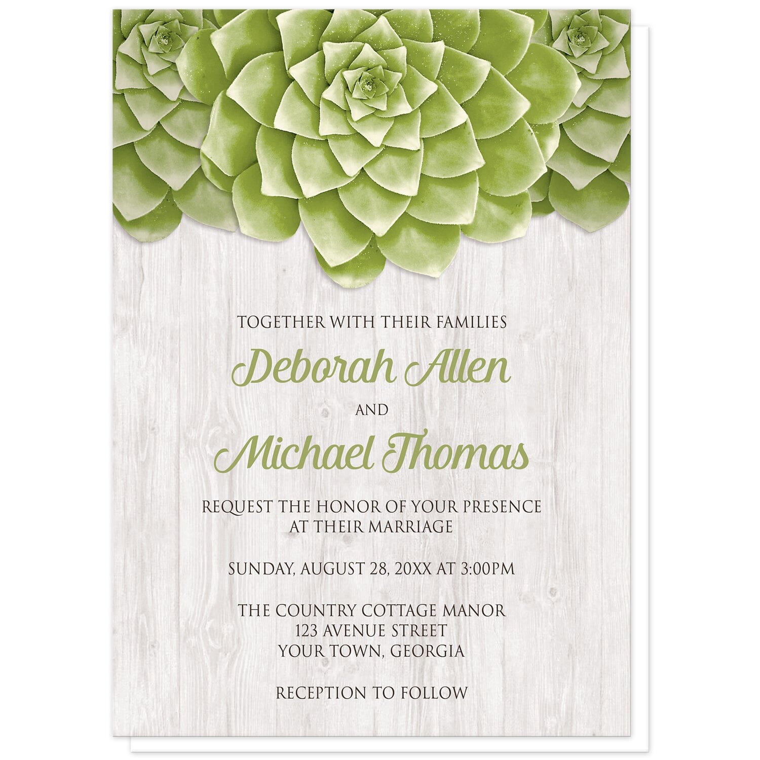 Succulent Whitewashed Wood Wedding Invitations at Artistically Invited. Cool and fresh succulent whitewashed wood wedding invitations with three large green succulents along the top of the invitations over a rustic whitewashed wood background design. Your personalized marriage celebration details are arranged in green and dark brown over the whitewashed wood background below the succulents.