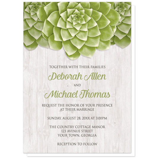 Succulent Whitewashed Wood Wedding Invitations at Artistically Invited. Cool and fresh succulent whitewashed wood wedding invitations with three large green succulents along the top of the invitations over a rustic whitewashed wood background design. Your personalized marriage celebration details are arranged in green and dark brown over the whitewashed wood background below the succulents.