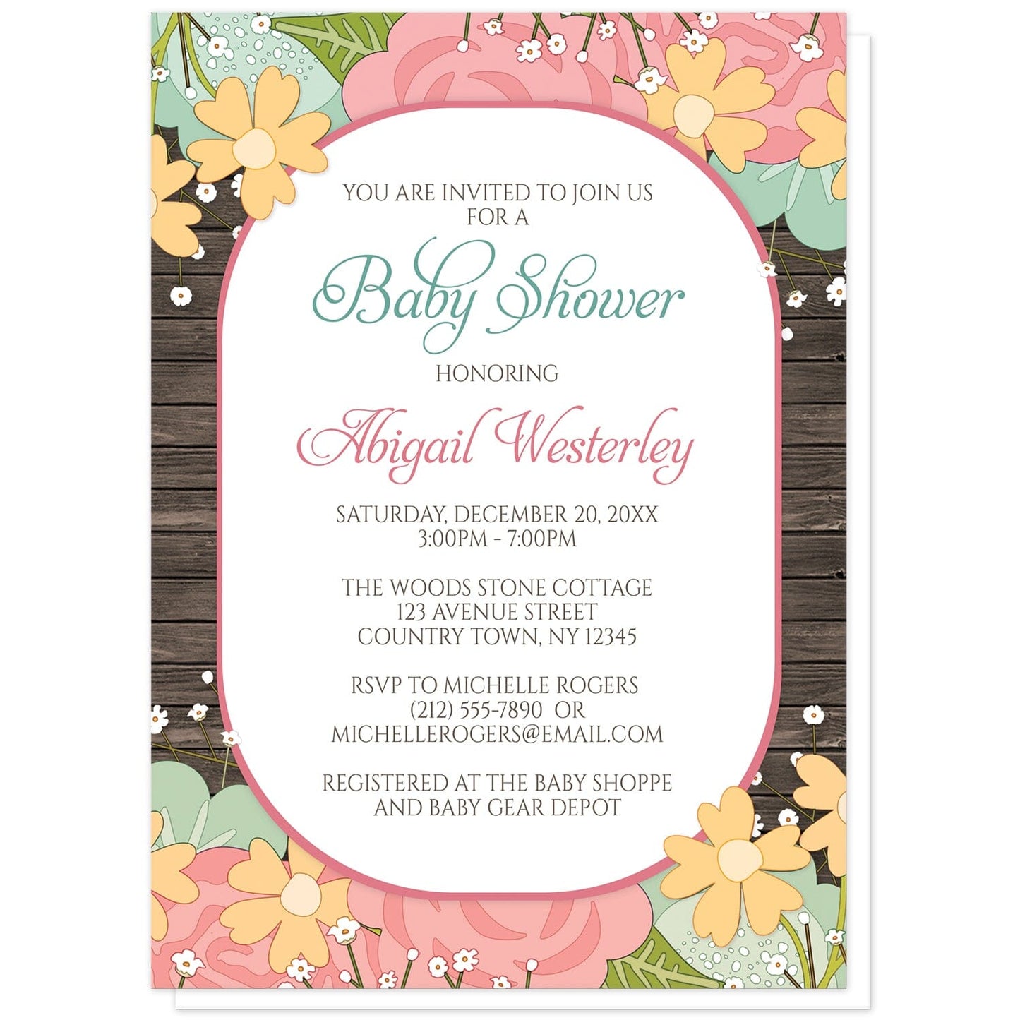 Summer Floral Wood Rustic Baby Shower Invitations at Artistically Invited. Flowery and sweet summer floral wood rustic baby shower invitations designed with a pink and teal floral theme with orange flowers, green leaves, and baby's breath along the top and bottom of the invitations. Your personalized baby shower celebration details are arranged in teal, pink, and brown on white in the center over a rustic wood background between the flowers.